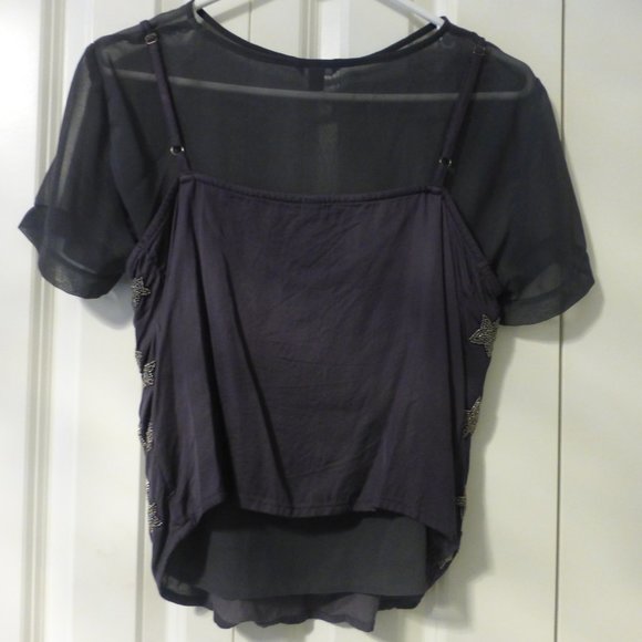GUESS dark gray beaded stars sleeveless semi-sheer top - Picture 4 of 5